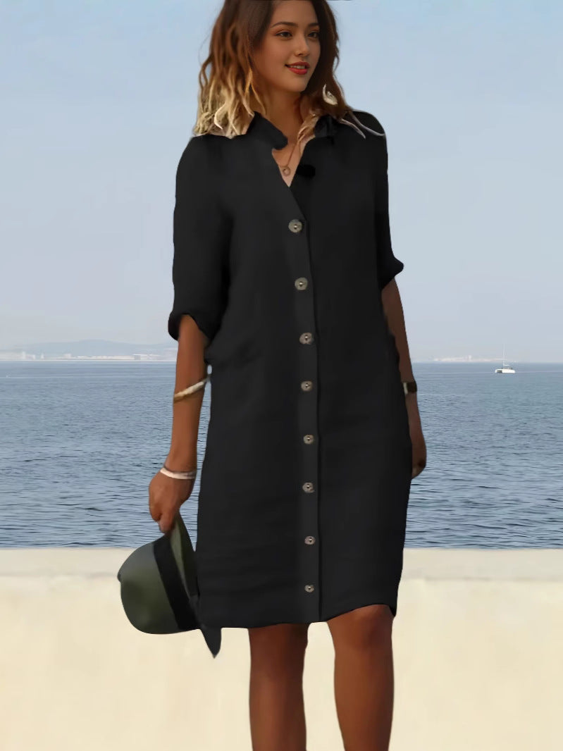 Dame afslappet linnedragt med knaplukning og praktiske lommer Stilla