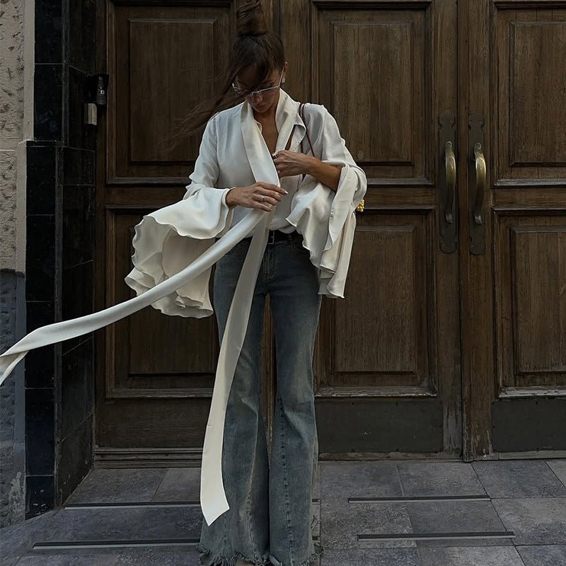 Dame elegant bluse med voluminøse ruffles ærmer Stilla