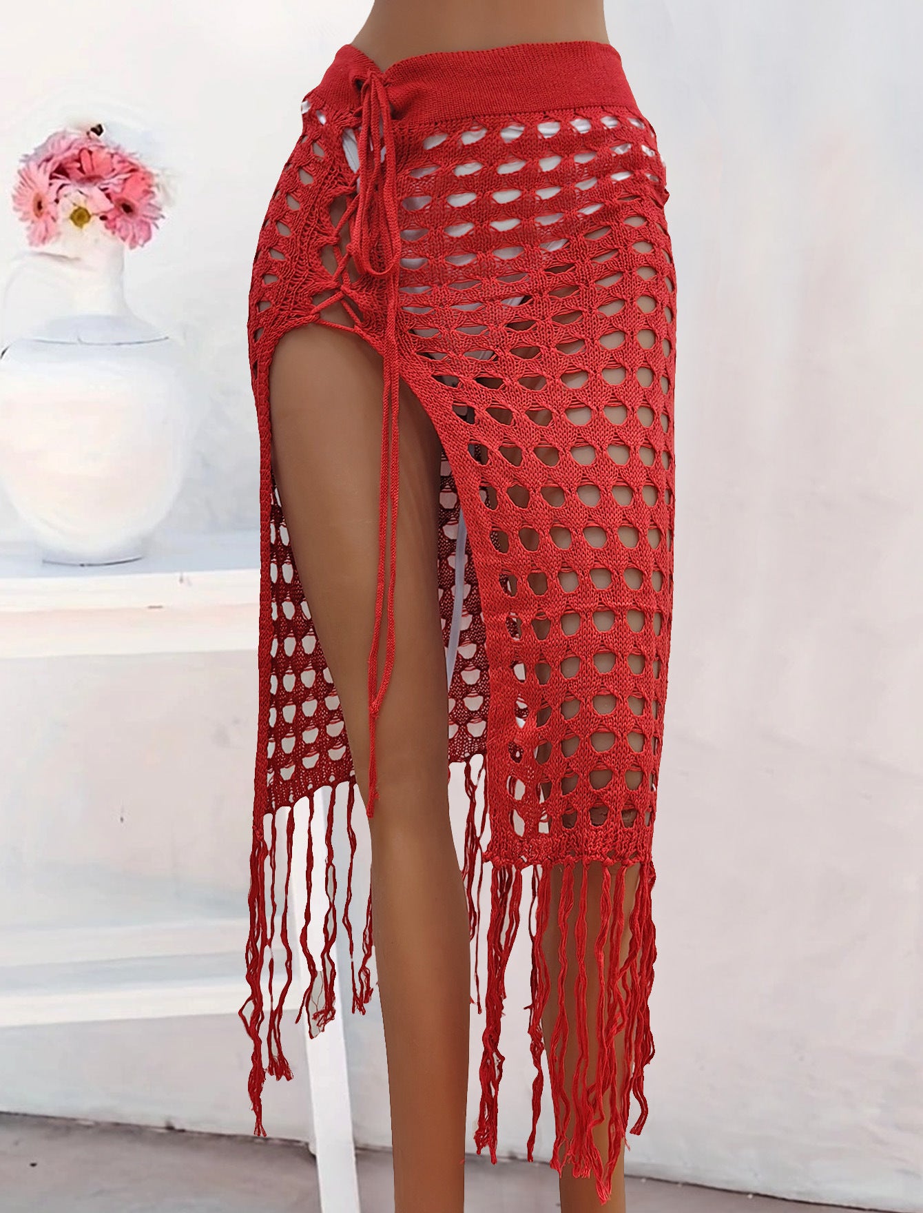 Dame elegant hækle nederdel med lange slids og trendy frynser Stilla