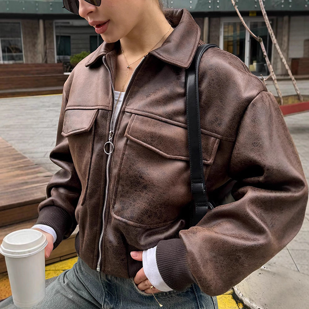 Dame cropped kunstlæderjakke med lommer Stilla