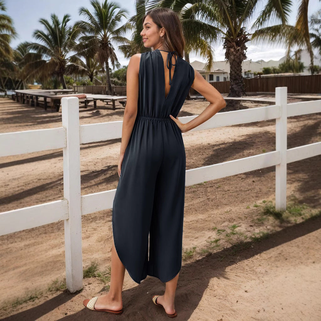 Dame Elegant Jumpsuit med dyb V-udskæring og bredt ben Stilla