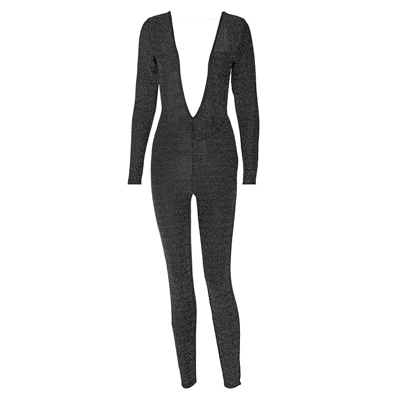 Dame figursyet jumpsuit med dyb V-udskæring og lange ærmer Stilla