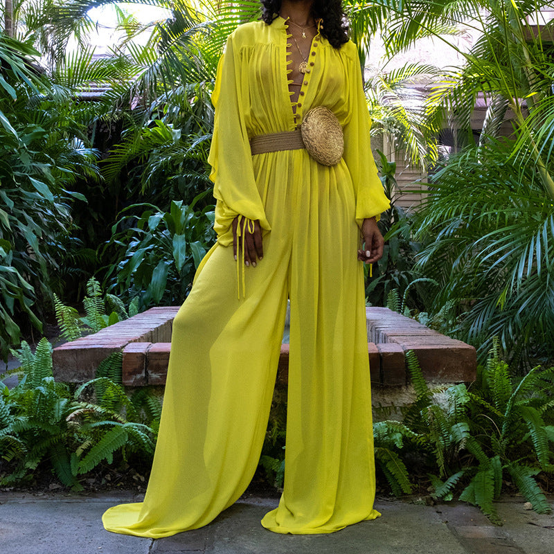 Dame Elegant Maxijumpsuit med transparent design og voluminøse ærmer Stilla
