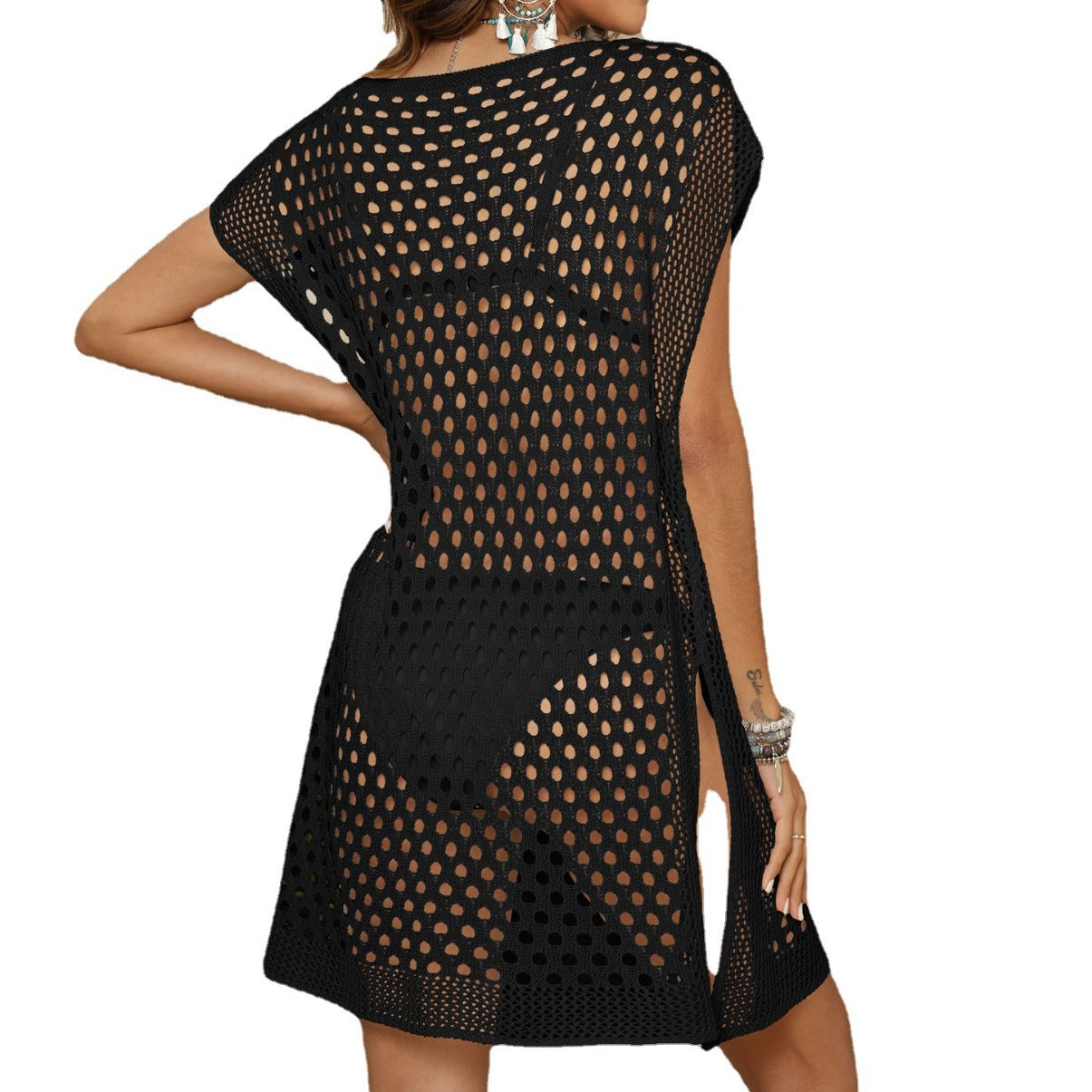 Dame afslappet hæklede strandovertræk med luftig netstruktur og stor rund halsudskæring Stilla