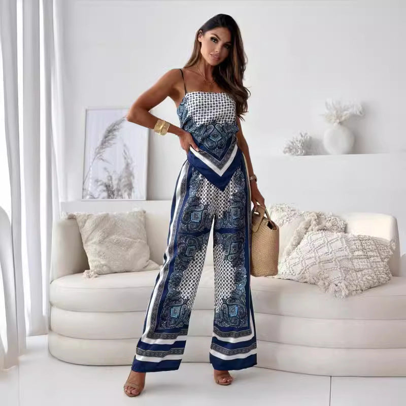 Dame jumpsuit med raffineret mønsterkombination og bredt ben Stilla