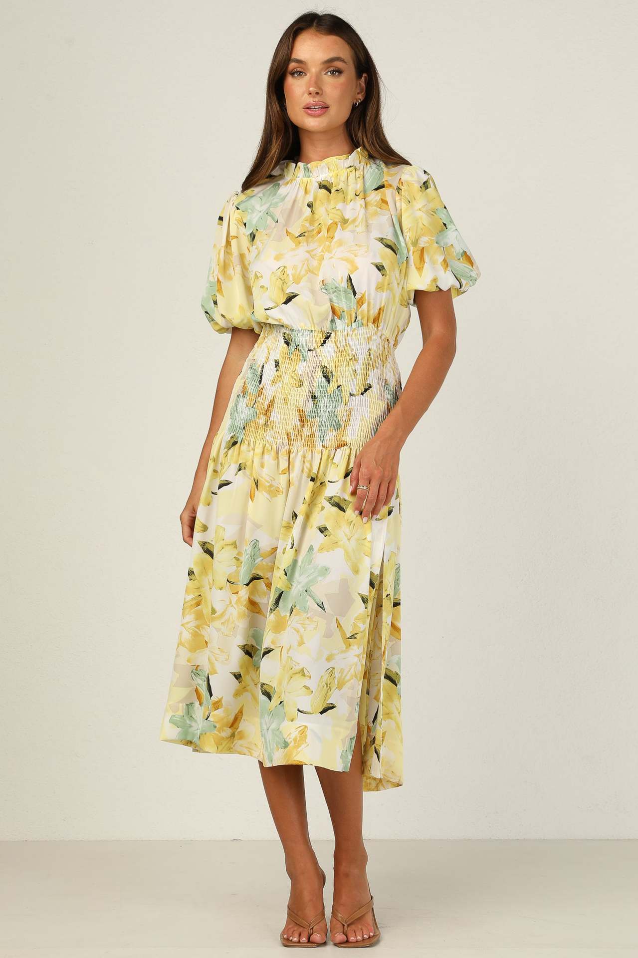 Dame Elegant Floral Rynkning Midi Kjole Stilla