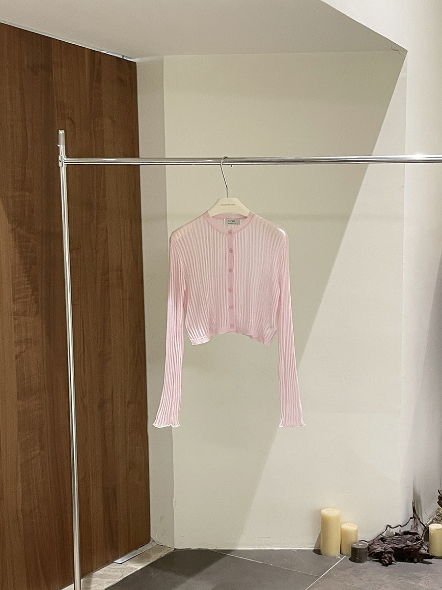 Dame Cropped Longsleeve med fin stribestruktur og elegant krave Stilla