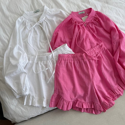 Dame Linned Shorts-Sæt med voluminøse ærmer og flæsedetaljer Stilla