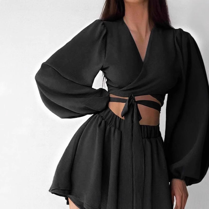 Dame Crop-Top og Nederdel Sæt med voluminøse ærmer og vikledesign Stilla