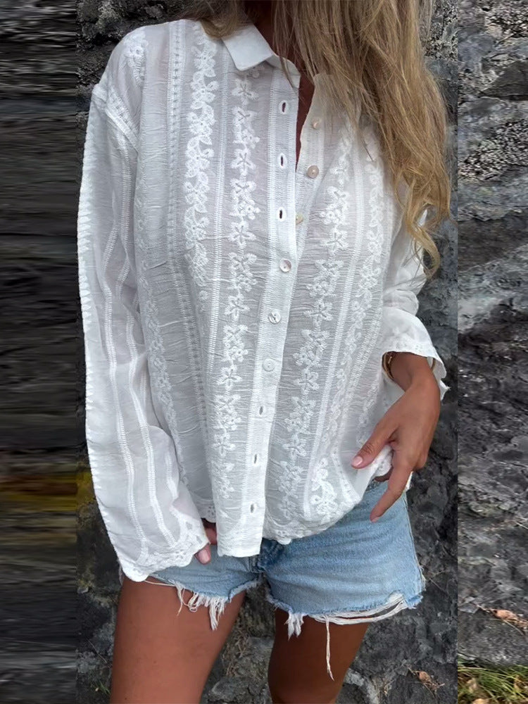 Dame elegant bluse med kunstnerisk spidsudsmykning Stilla