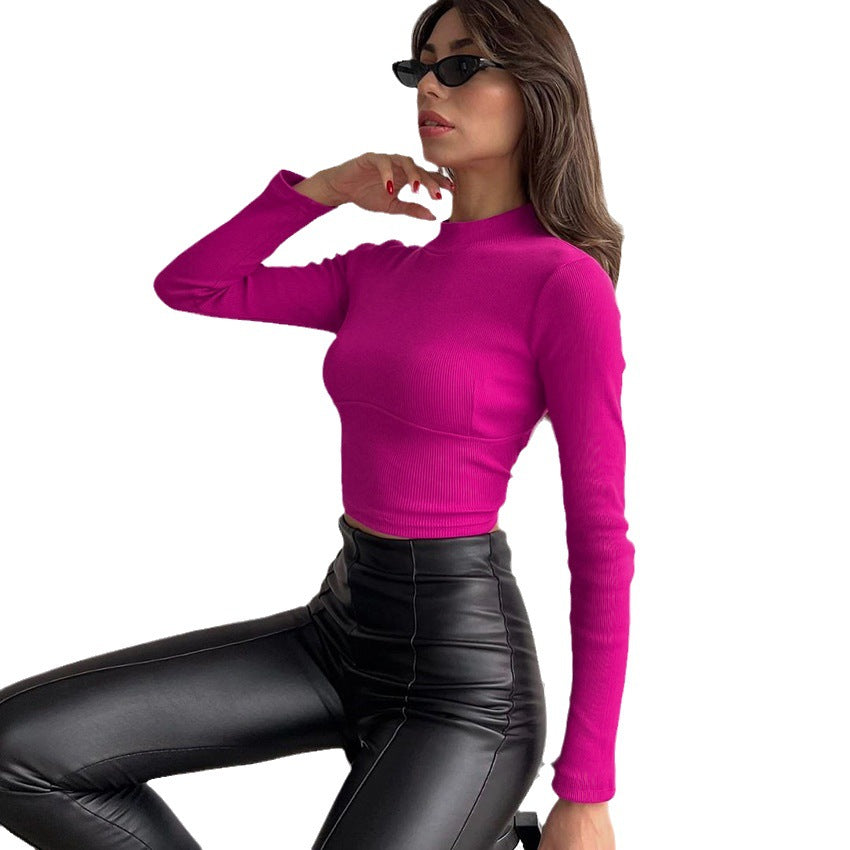 Dame cropped Langærmet top med smal ståkrave og ribstruktur Stilla