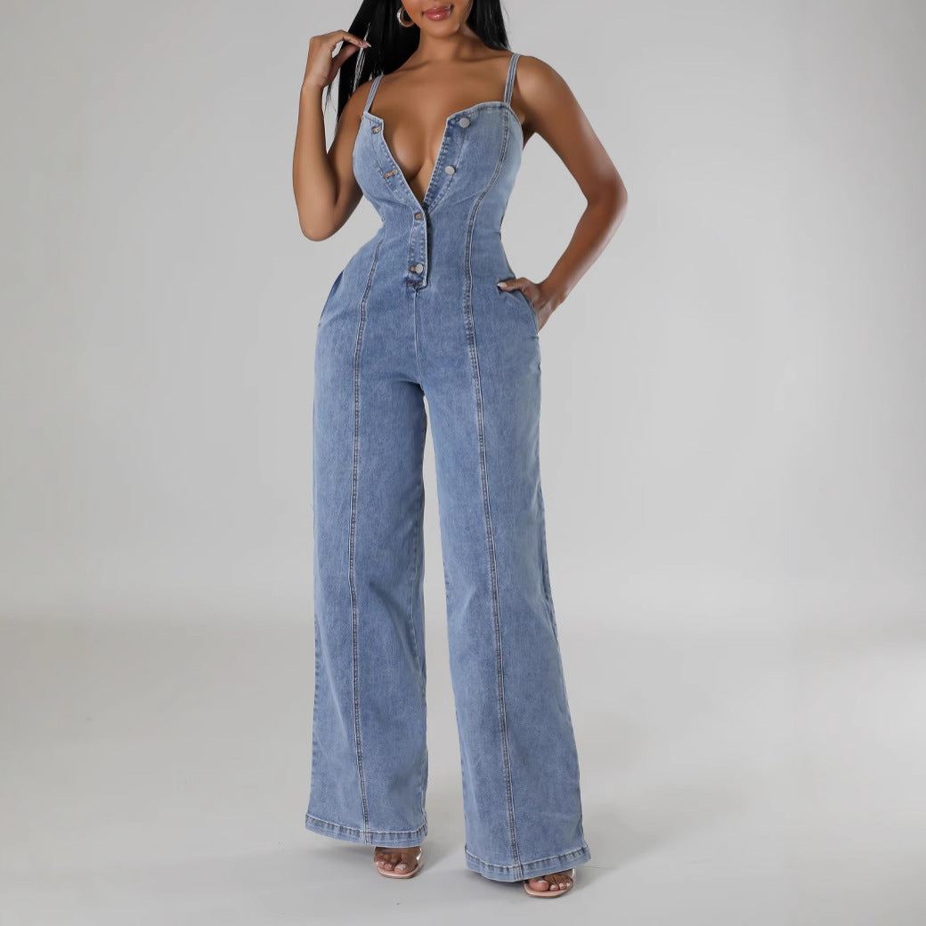 Dame Denim Jumpsuit med knapstol Stilla