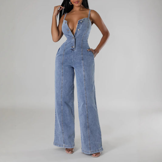 Dame Denim Jumpsuit med knapstol Stilla