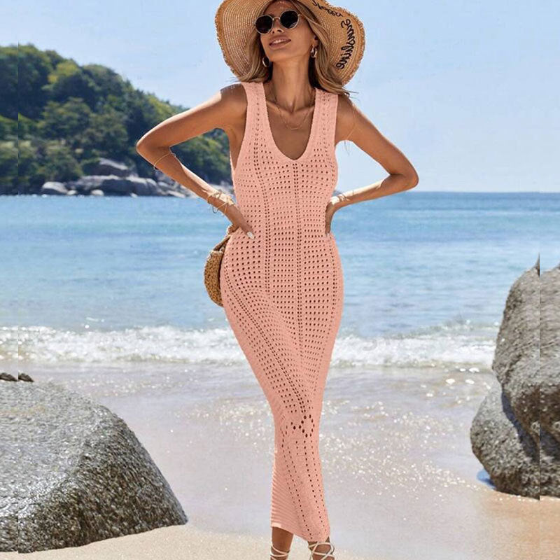 Dame Elegant Hæklet Maxikjole med fint Hulsdesign og V-Udskæring Stilla