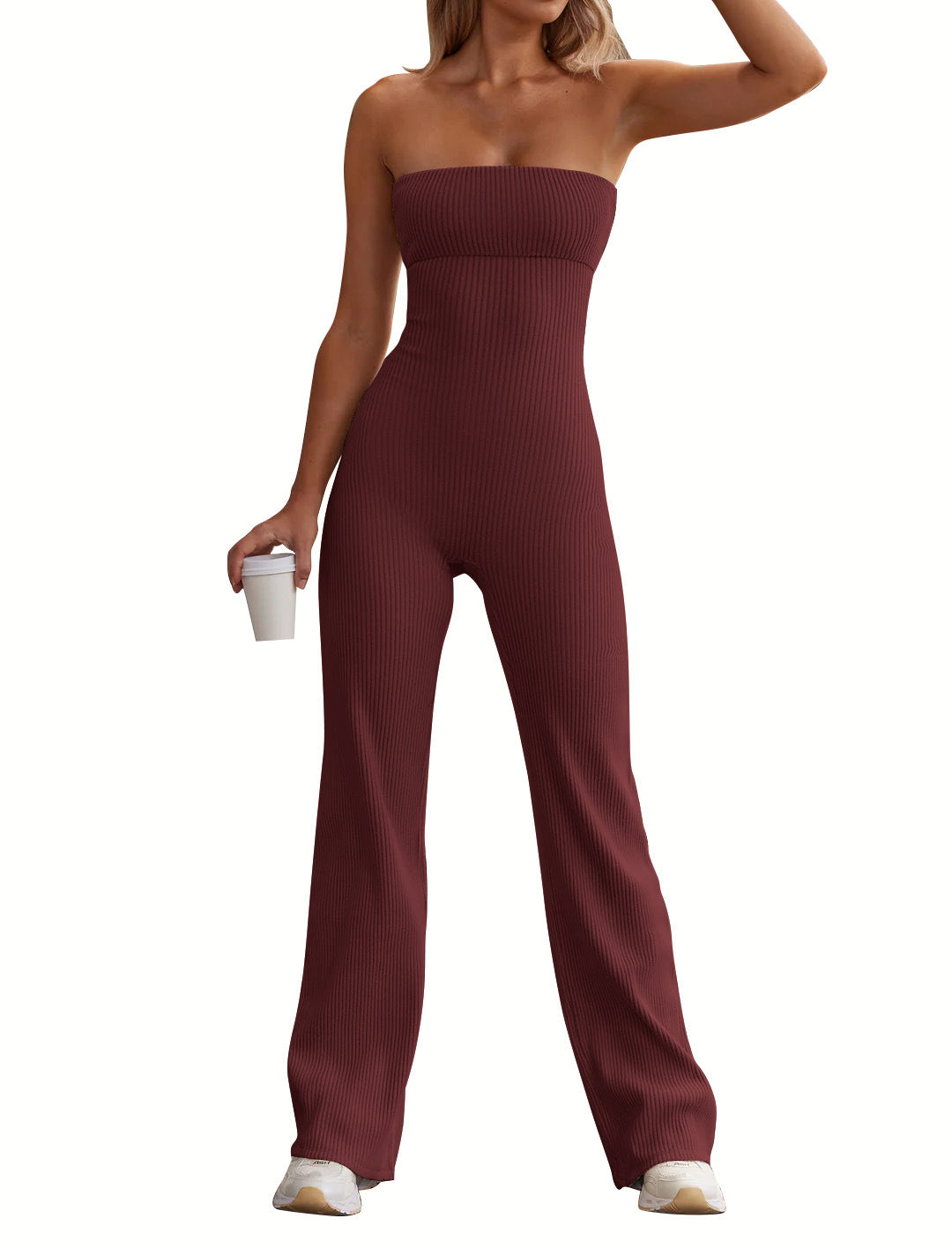Damer stilfuld langbenet jumpsuit med ribbet design og off-shoulder snit Stilla