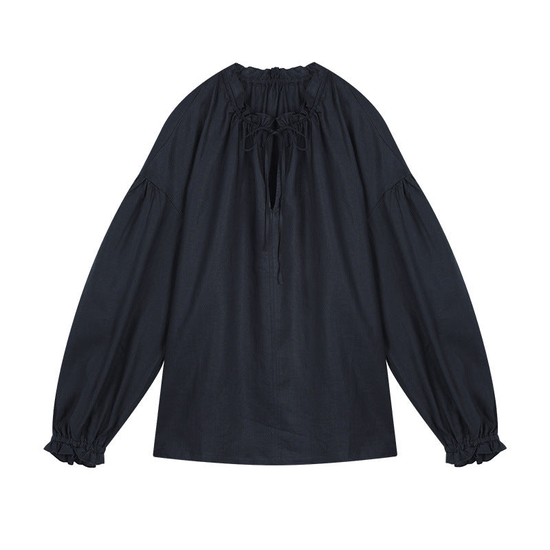 Dame afslappet bluse shirt med detaljeret snøre og puffærmer Stilla