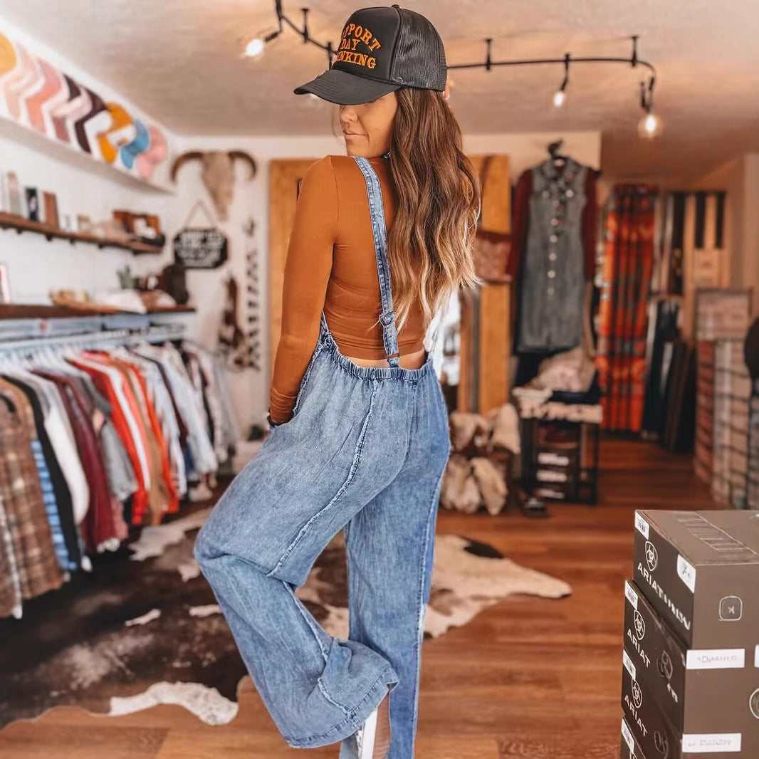 Dame afslappet denim jumpsuit med vidde ben og skulderstropper Stilla