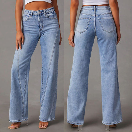 Dame bred denim jeans med høj talje og moderne syninger Stilla