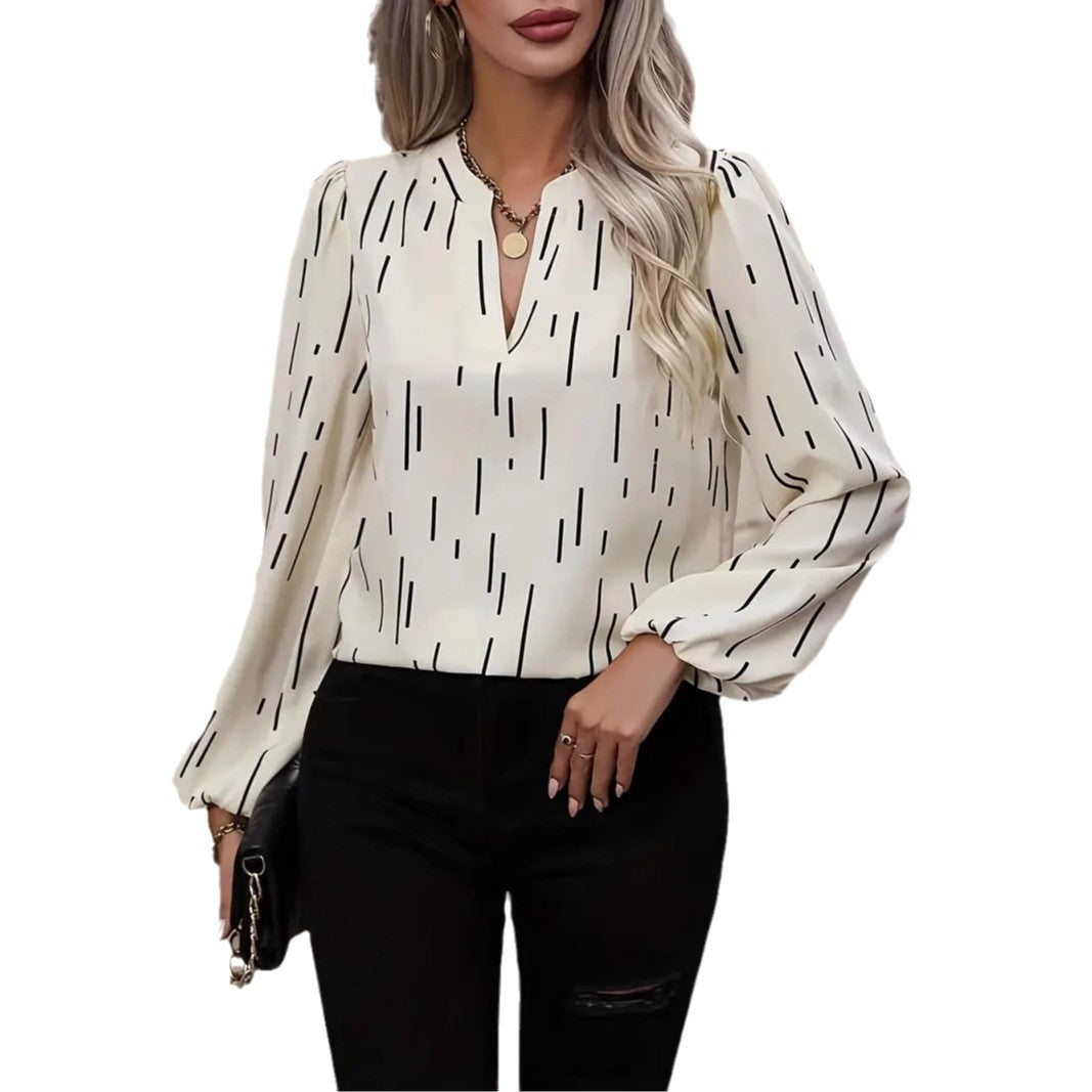 Dame eksklusiv stribet bluse med V-udskæring og ballonformede ærmer Stilla