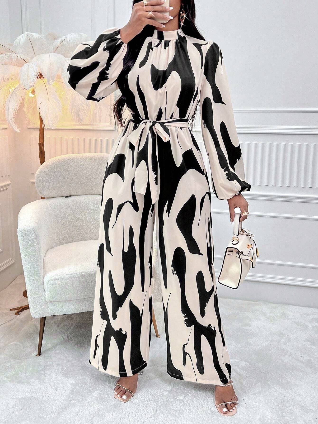 Dame Langærmet-Abstract-Print-Jumpsuit med Taljesnor Stilla