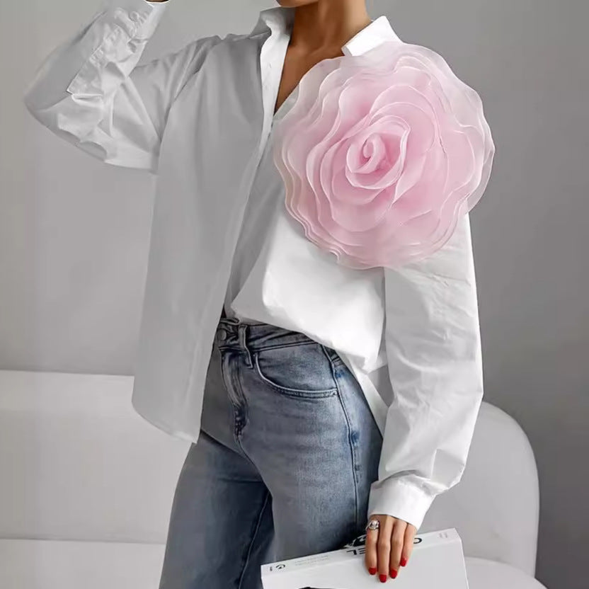Dame elegant bluse med 3D-blomsterapplikation Stilla