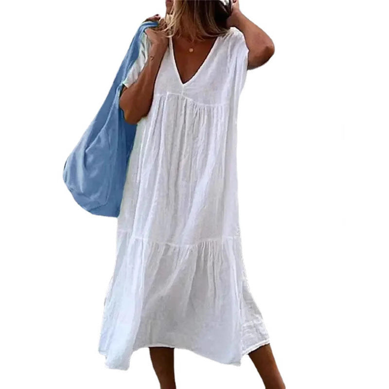 Dame afslappet sommerkjole med V-hals og flæsedetaljer Stilla