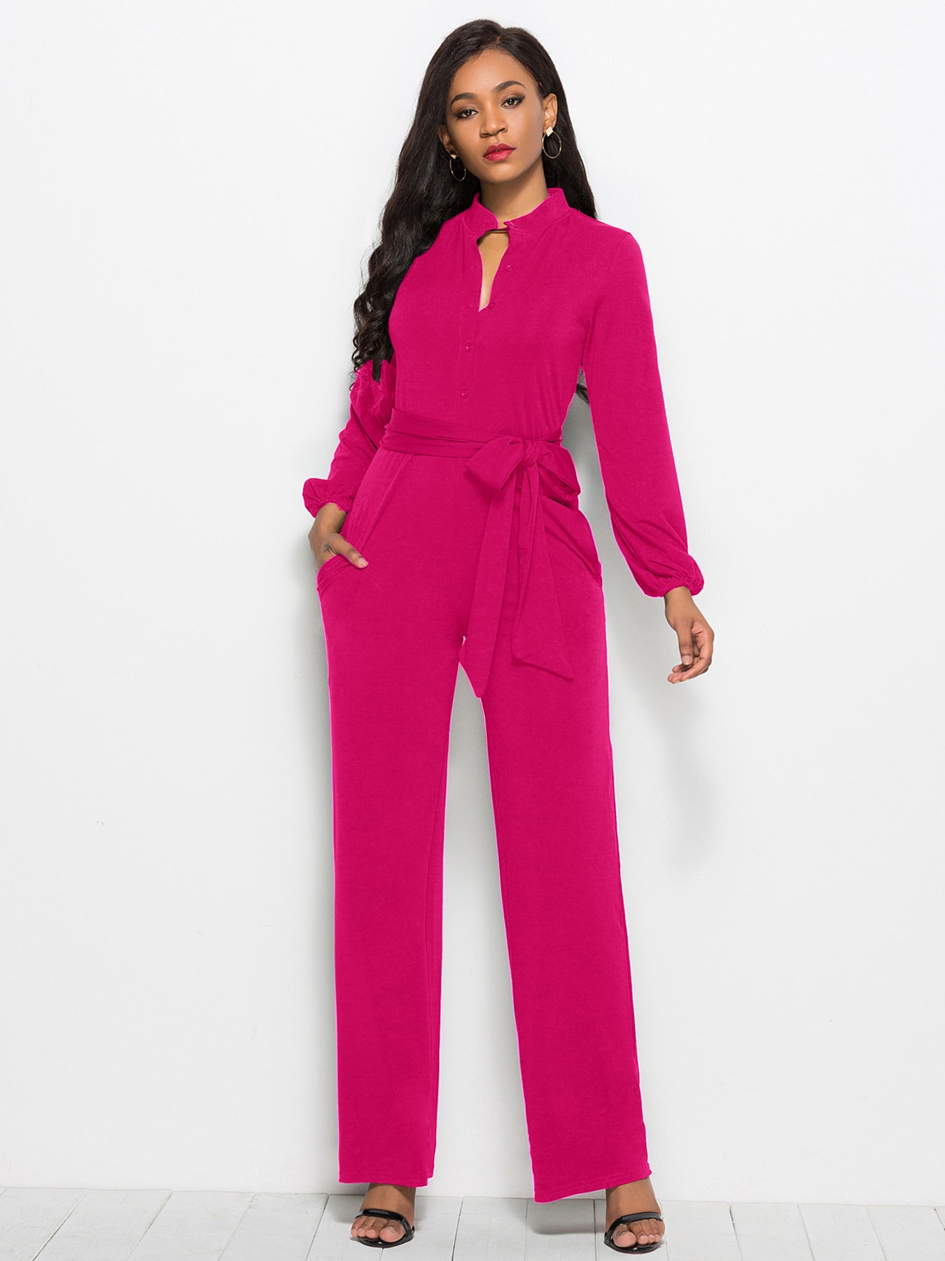 Damer Elegant Langærmet Jumpsuit med Talje bånd og Knapdetaljer Stilla