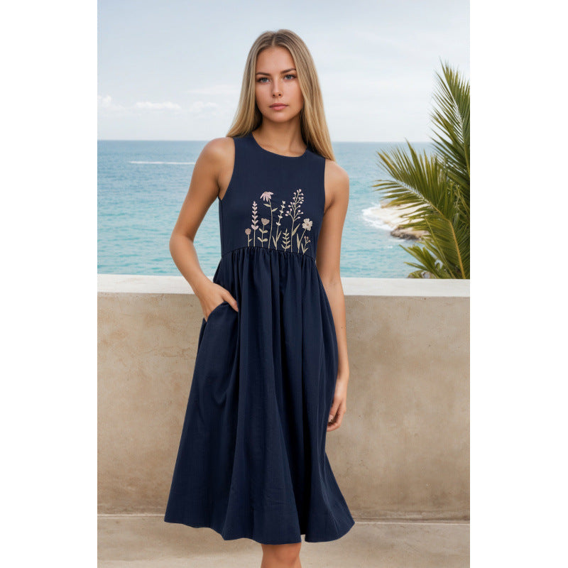 Dame A-linje Midi kjole med broderet blomsterdesign Stilla