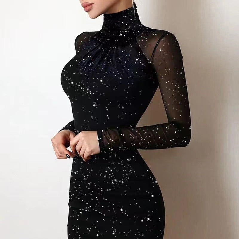 Dame elegant cocktailkjole med gennemsigtige ærmer og glitrende effekt Stilla