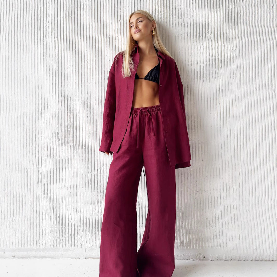 Dame afslappet linnedragt sæt med oversized skjorte og løse bukser Stilla