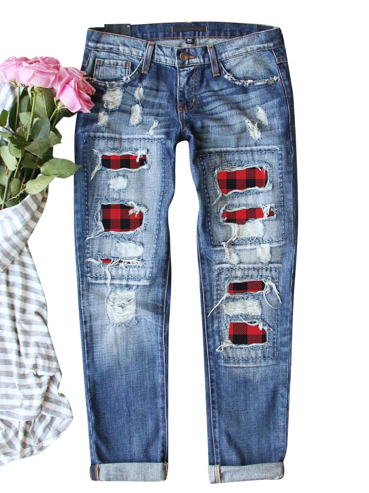 Dame Ripped Jeans med ternede applikationer og afslappet design Stilla