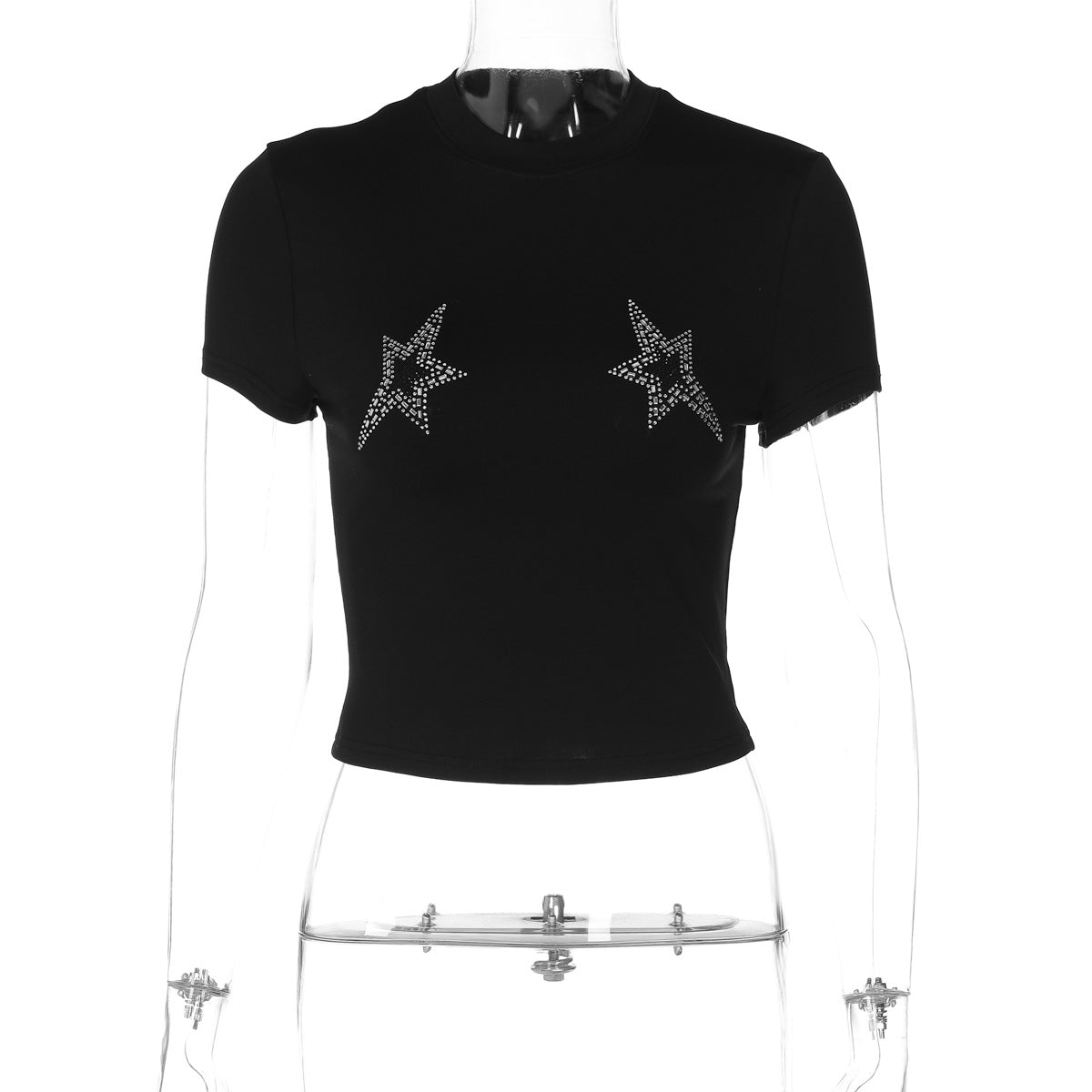 Dame Cropped T-Shirt med glitrende stjerne-applikationer Stilla