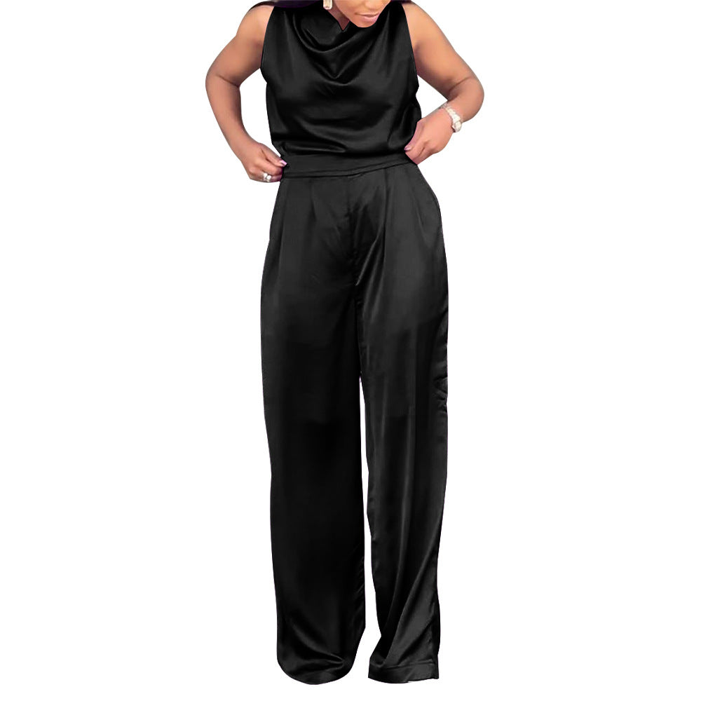 Dame Elegante Satin Jumpsuit med høj kvalitets snit og asymmetrisk design Stilla