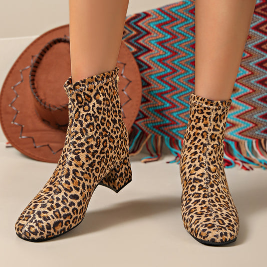Dame Ankle Boots i iøjnefaldende leopardmønster med behagelig blokhælhæl Stilla