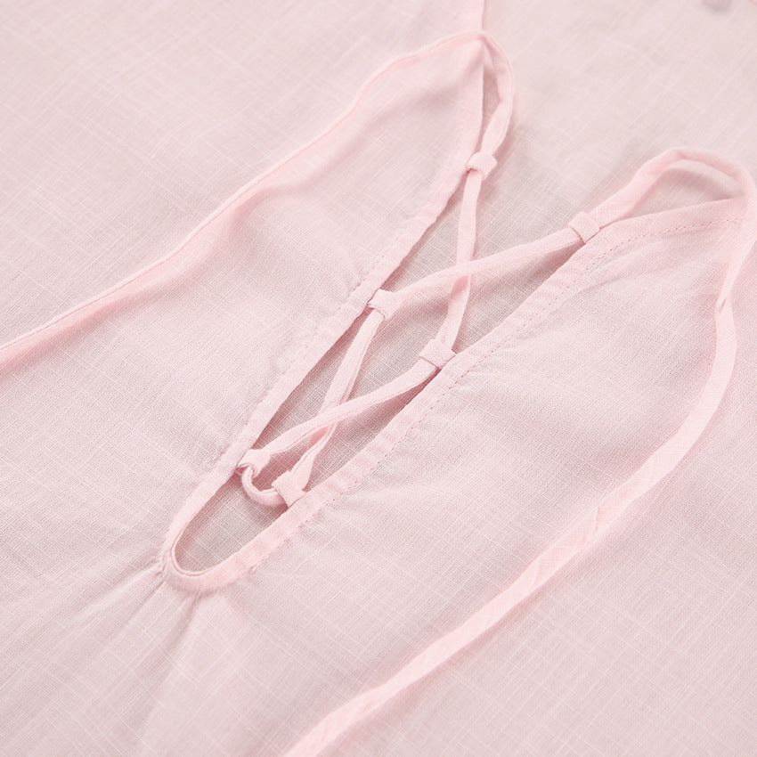 Dame afslappet hør minikjole med legende snøredesign Stilla