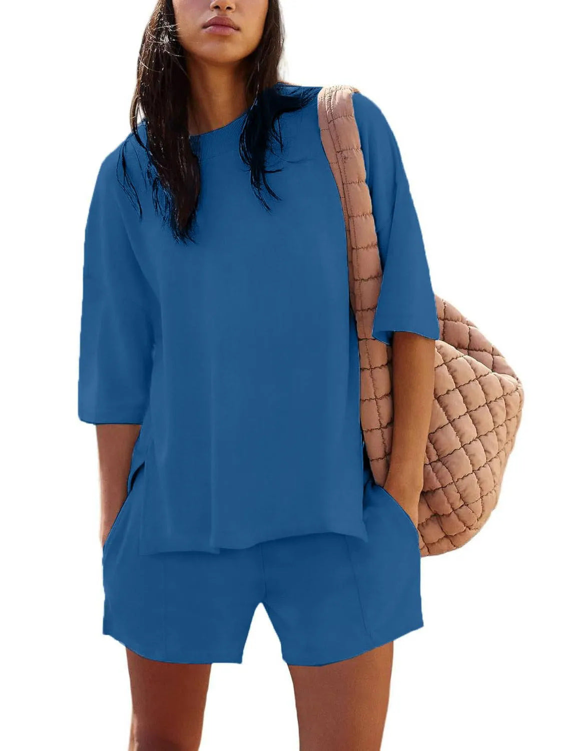 Dame afslappet kortærmet sæt med lommer og rund halsudskæring Stilla