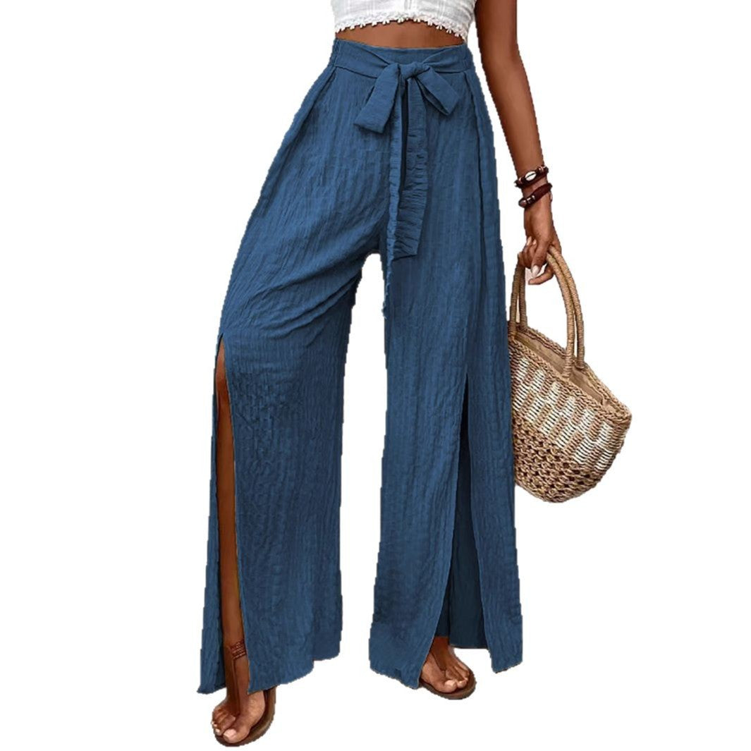 Dame elegant bred sommerbukser med sideløsning og bindebånd Stilla