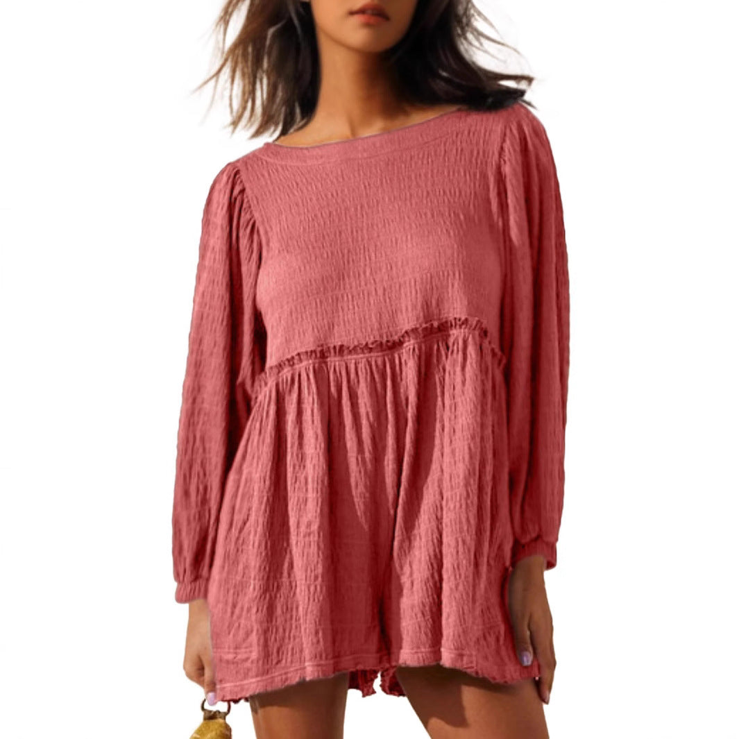 Dame afslappet skjortekjole med bredskårne ærmer og volanter Stilla