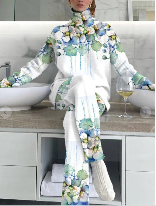 Dame afslappet lounge-sæt med blomsterprint og høj krave Stilla