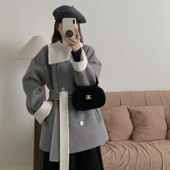 Dame dobbeltknappet uldblandingsfrakke med kontrastkrave Stilla