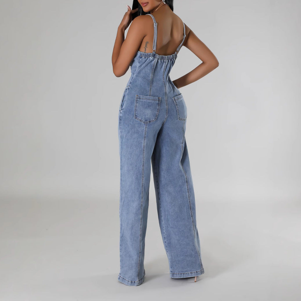 Dame Denim Jumpsuit med knapstol Stilla