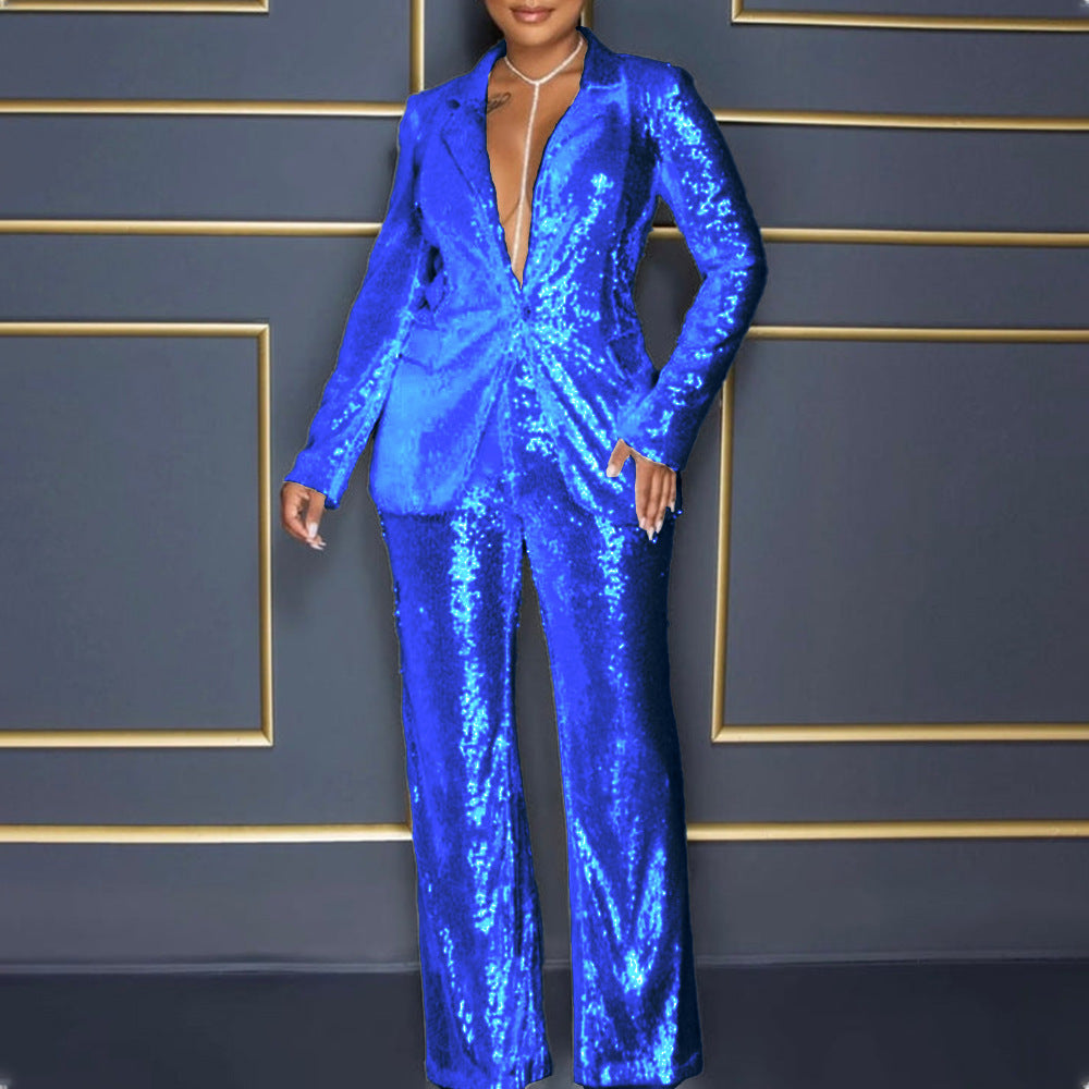 Dame Glitterende Jumpsuit sæt med tætsiddende silhuet og glitrende detaljer Stilla
