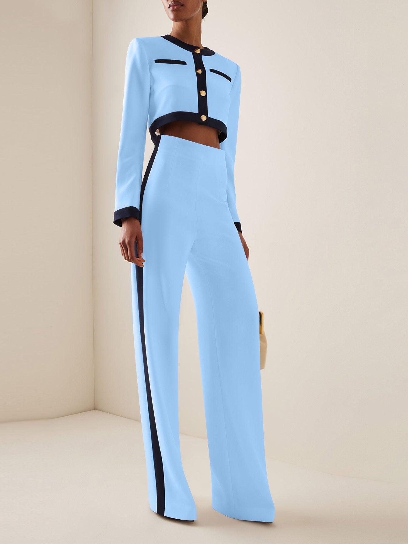 Dame elegant cropped blazer sæt med vidde bukser og gyldne knapper Stilla