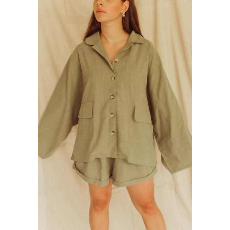 Dame afslappet kortærmet sæt med praktiske lommer og/modische knapdetaljer Stilla