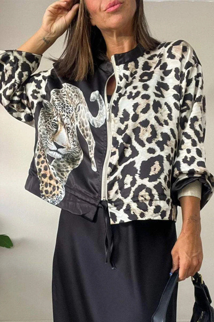 Dame afslappet bomberjakke med ekstravagant leopardmotiv Stilla