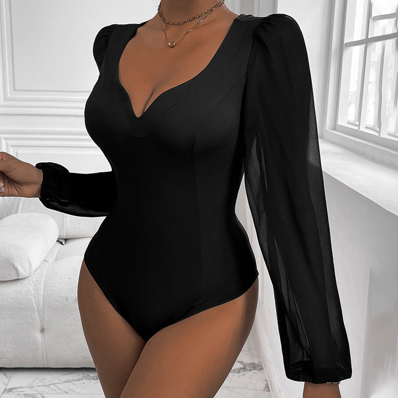 Dame Elegant Bodystocking med romantiske pufærmer og V-udskæring Stilla