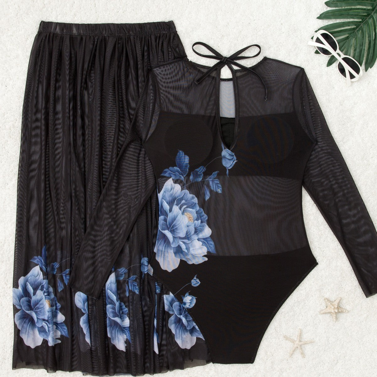 Dame Elegant Badedragt med lang arm og floral nederdel Stilla