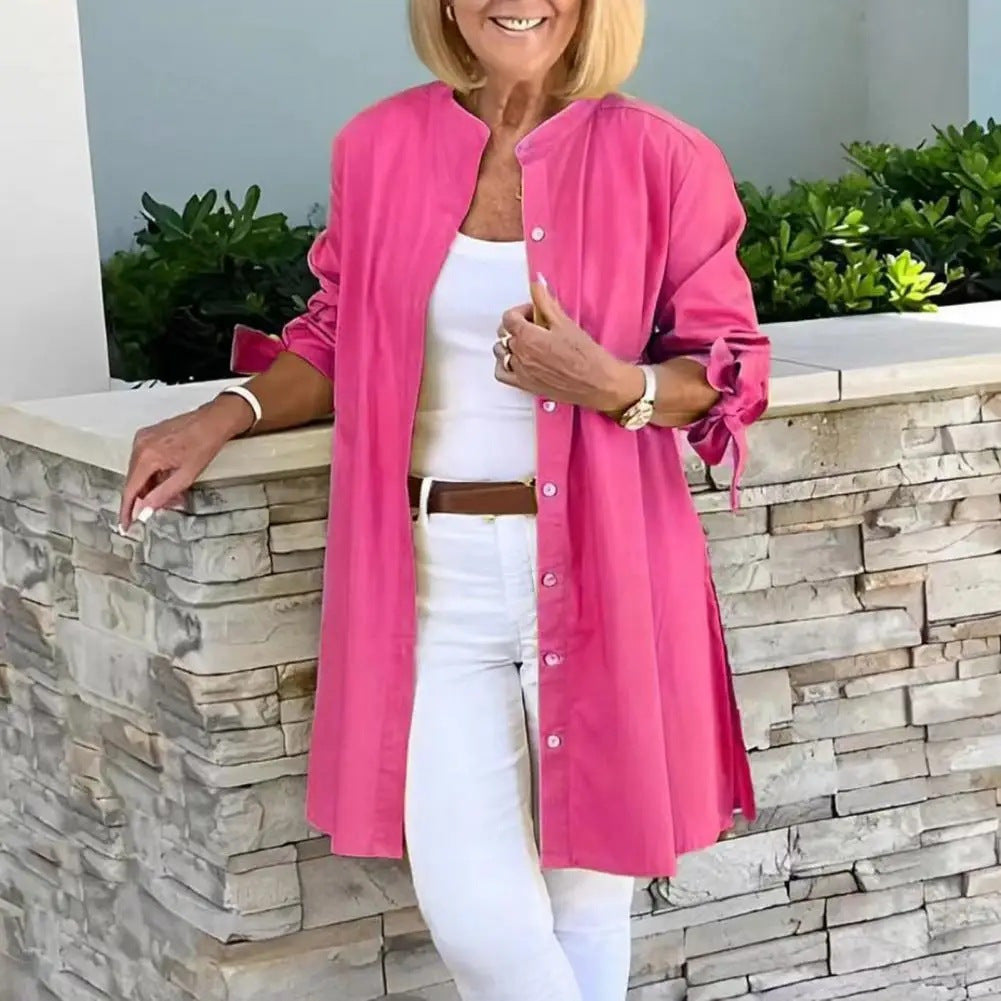 Dame afslappet lang jakke med opretstående krave og praktiske lommer Stilla