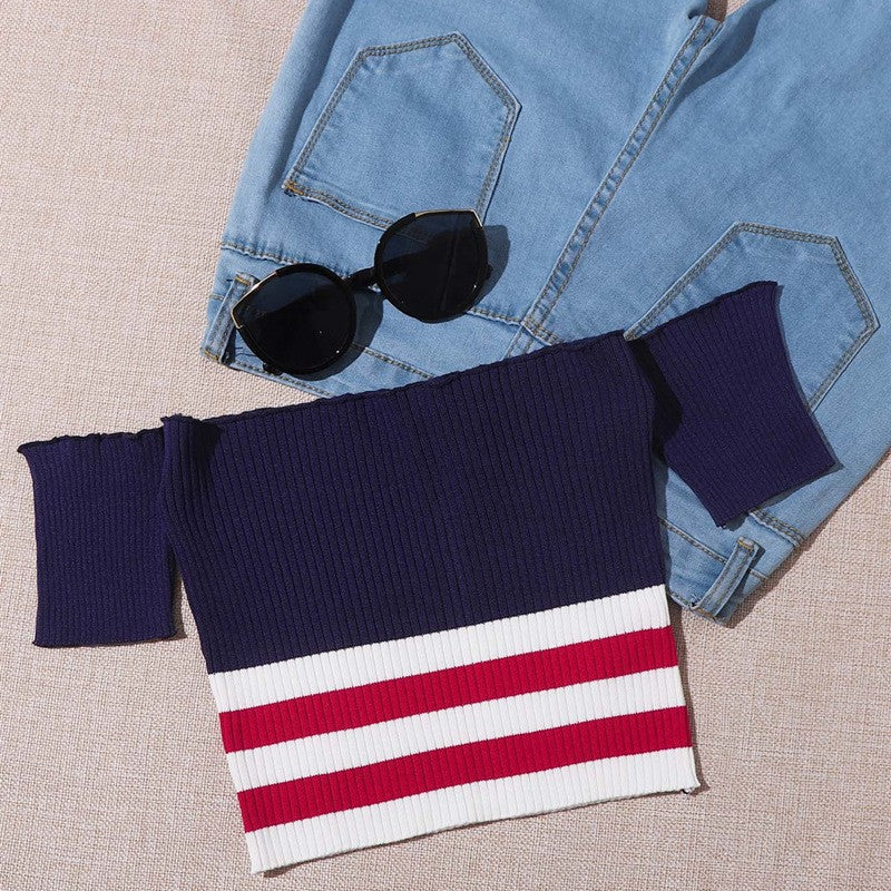 Dame Cropped Top med bred krave og stribemønster Stilla