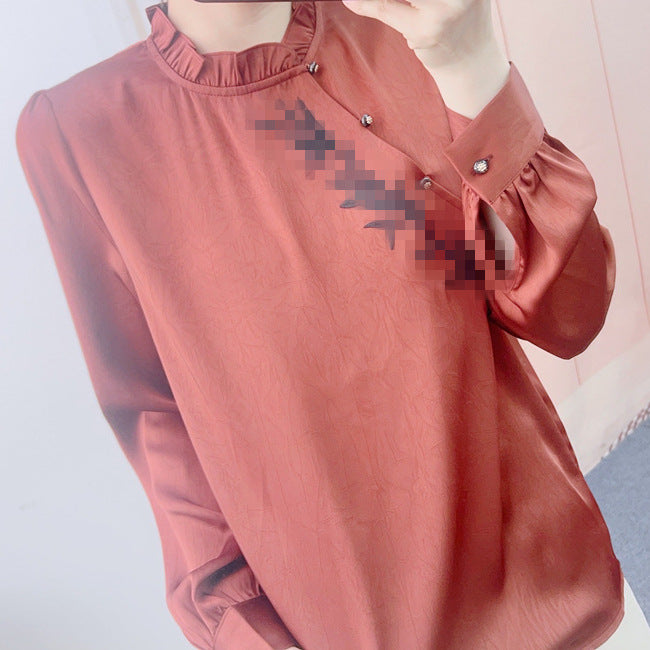 Dame Elegant Bluse med Rynkedetaljer og moderigtig Ståkrave Stilla